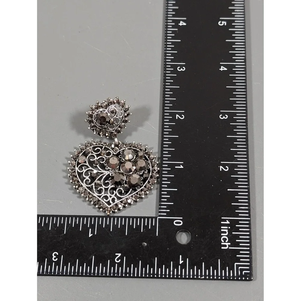 Large‎ Heart Dangle Earrings Silver Tone Openwork Gray Rhinestone Pierced